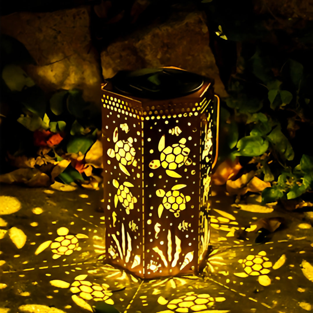 Hollow-Out Hexagonal Solar Outdoor Lantern — Copper-Red Wrought Iron, 0.5W Warm LED, IP44, 600mAh, Nature Motifs