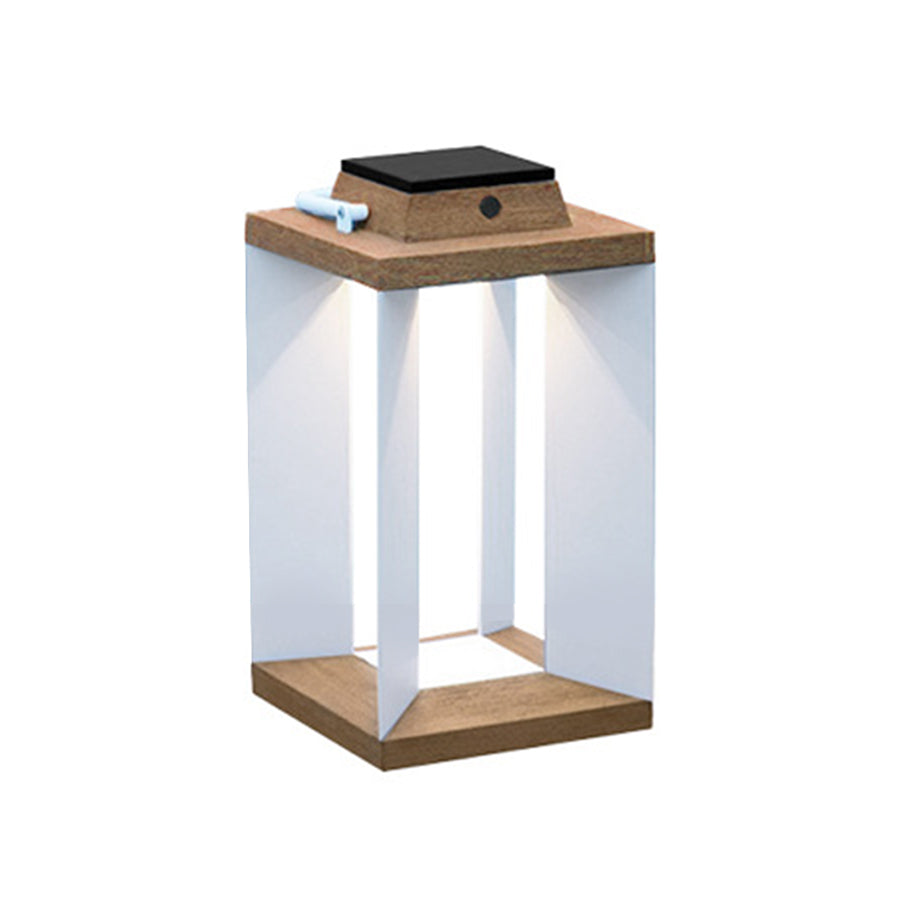 Modern Wood-Grain Outdoor Lantern — Stainless Steel, Solar / USB, 12W LED, 3000K, IP65, Dusk-to-Dawn, 16.9" or 25.6"