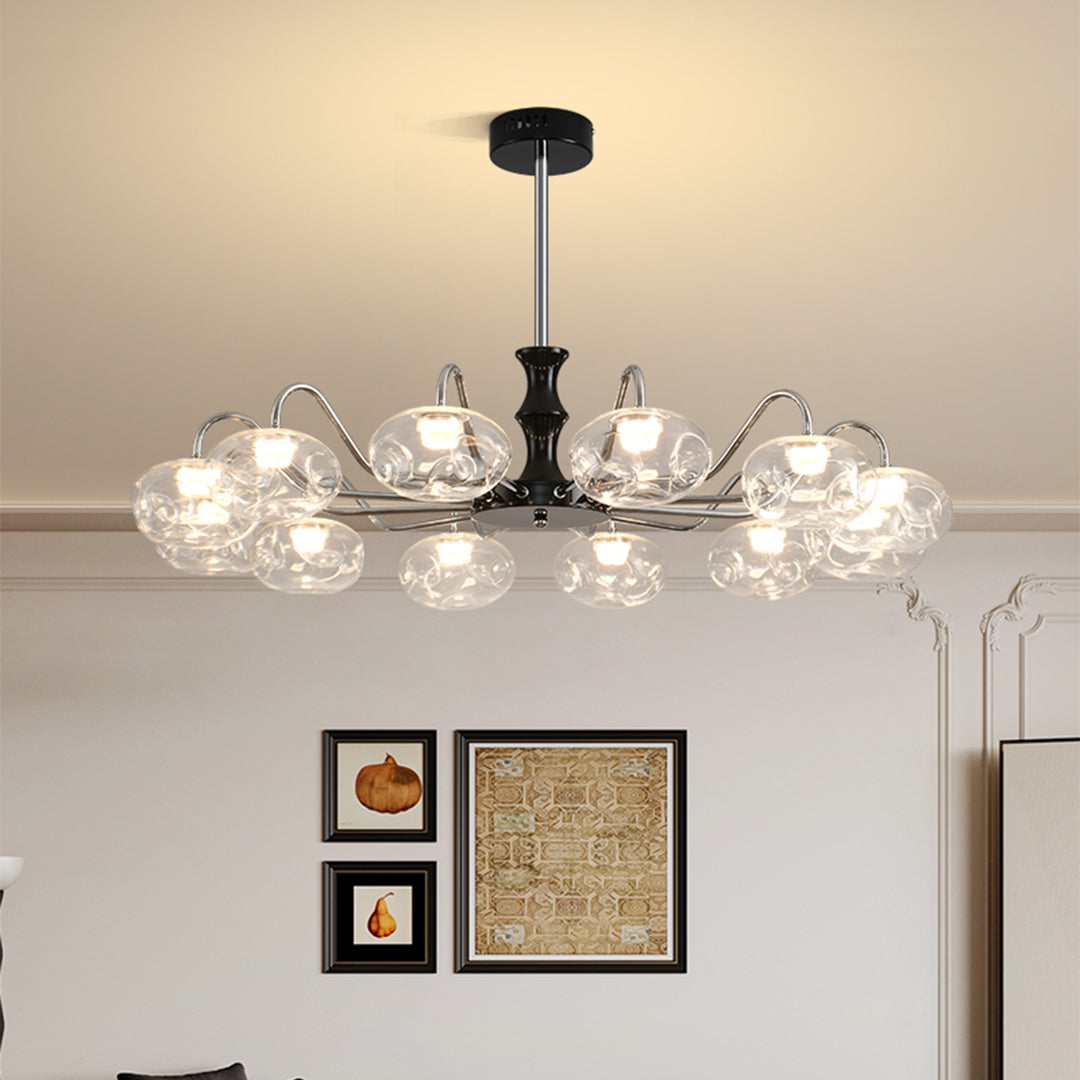 Magic Bean Art Glass Chandelier — Wrought Iron, Ribbed Glass, Full-Spectrum LED, 3-Color Dimming, 8-Light / 12-Light