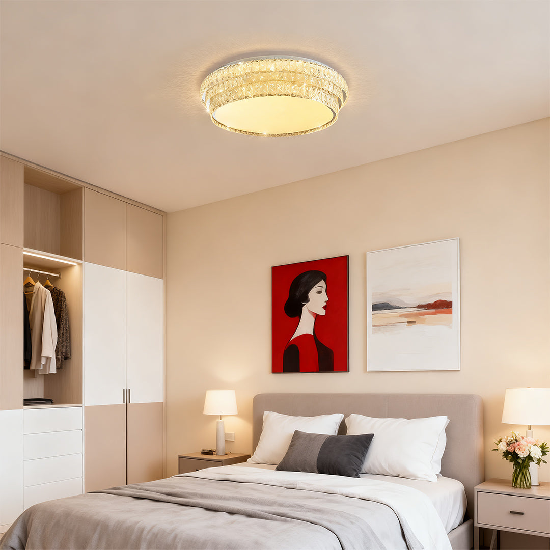 Crystal Flush-Mount Ceiling Light — Chrome Stainless Steel, LED, 3-Step Dimming (3000K/4500K/6000K), Round / Square / Rectangle