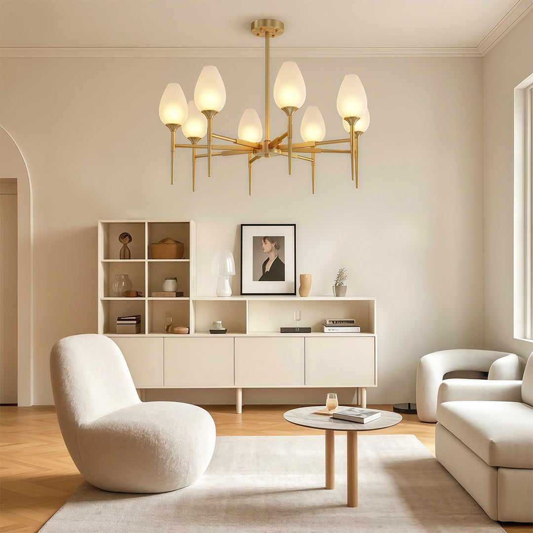 Minimalist Glass Chandelier — Brass Frame, Transparent Glass Shades, G9, 4-, 6-, or 8-Light