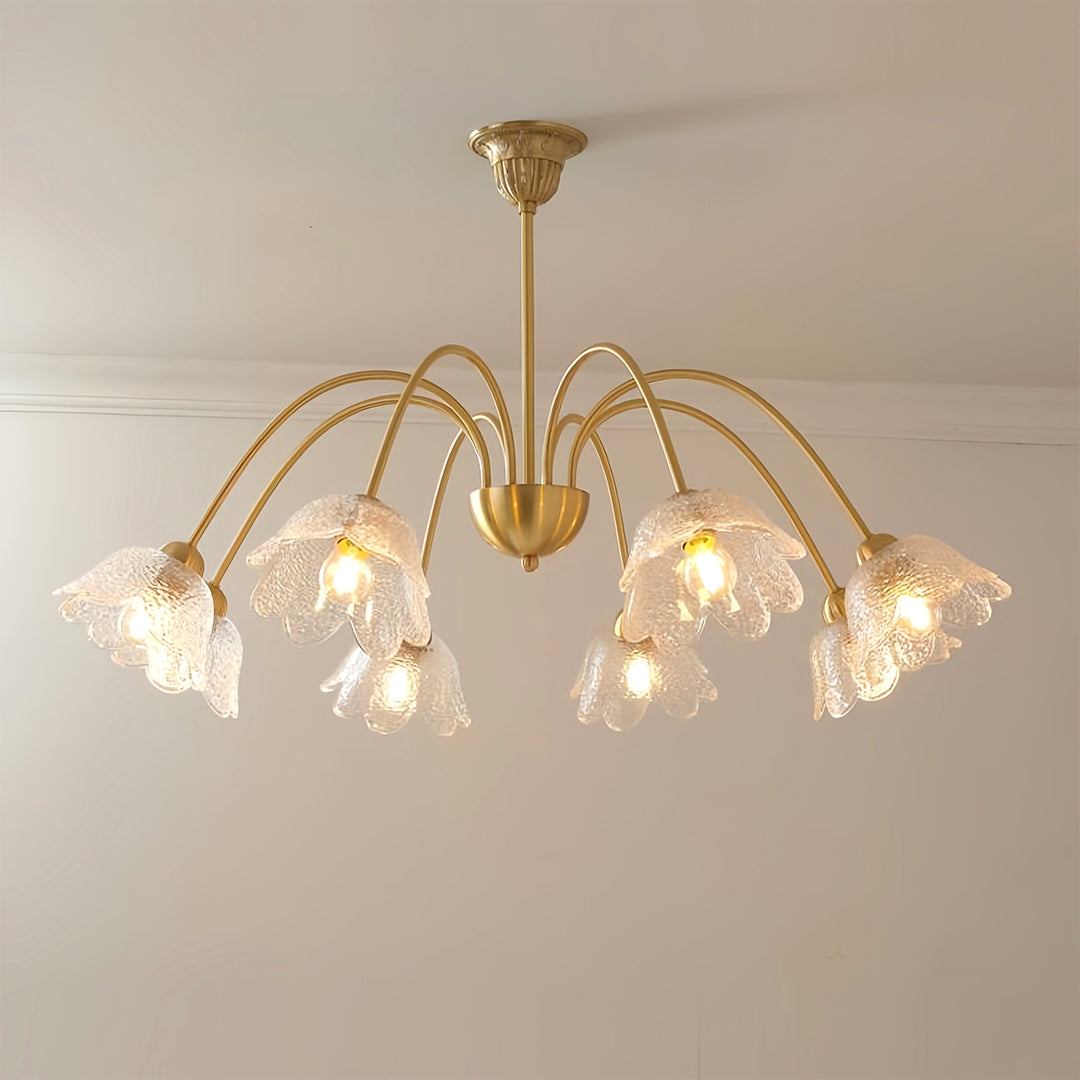 French Flower-Shaped Glass Chandelier — Full Copper, Brass Finish, 3-Step Dimming, 3, 6, or 8-Light