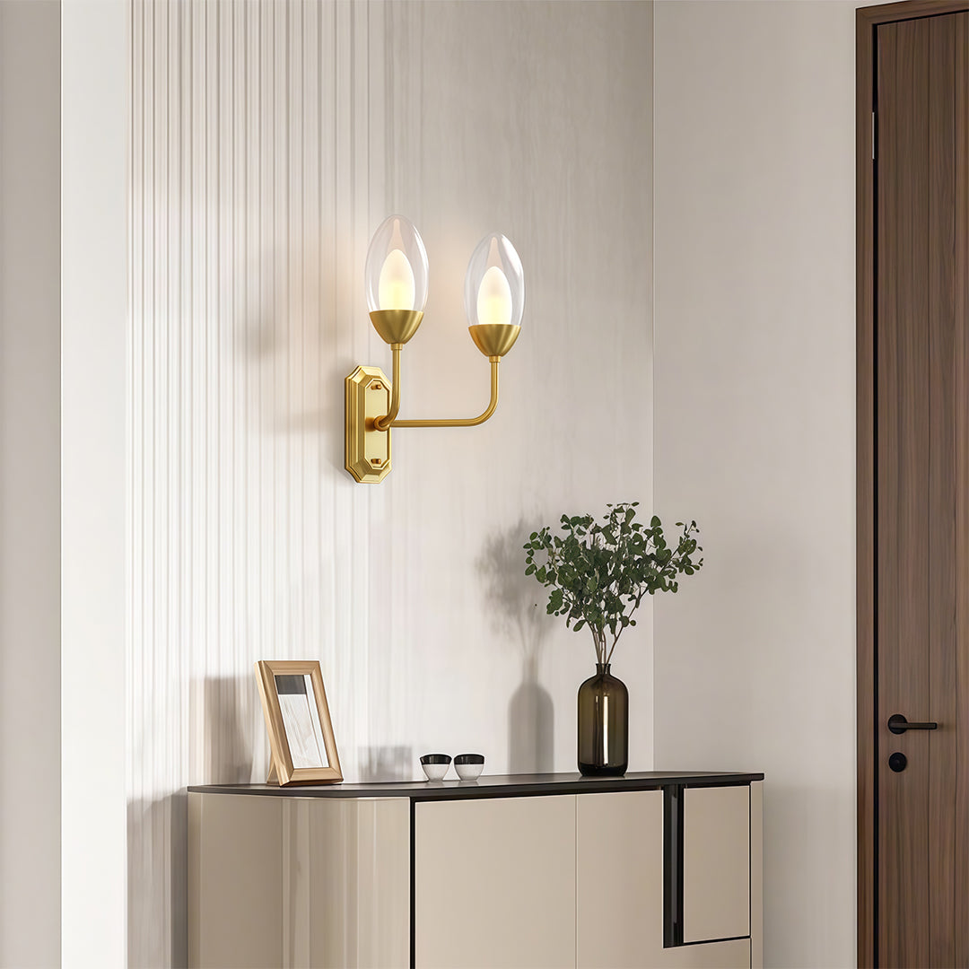 Dual-Head Wall Sconce — Solid Copper, Clear Glass Shade, 2-Light G9, Hardwired