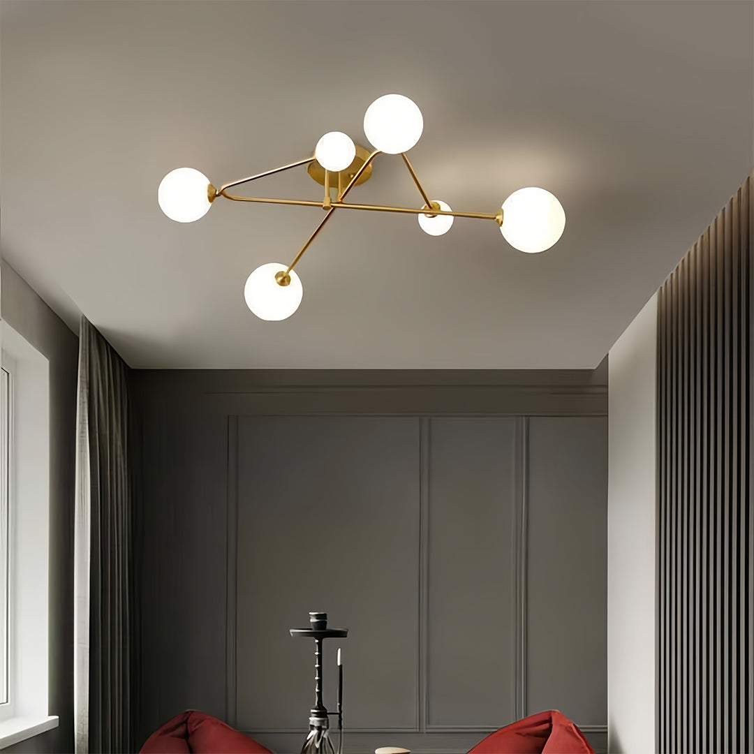 Magic Bean Semi Flush-Mount Ceiling Light — Gold Iron, Hand-Blown Glass, 3-Step Dimming (3000K/4500K/6000K), 4, 6, or 9-Light