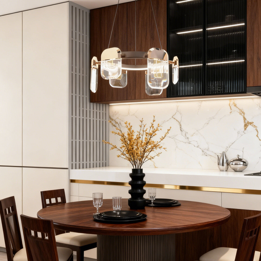 Minimalist Crystal Chandelier — Gold Aluminum, LED, Three-Color Dimming (3000K/4500K/6000K), 6- to 18-Light Configurations