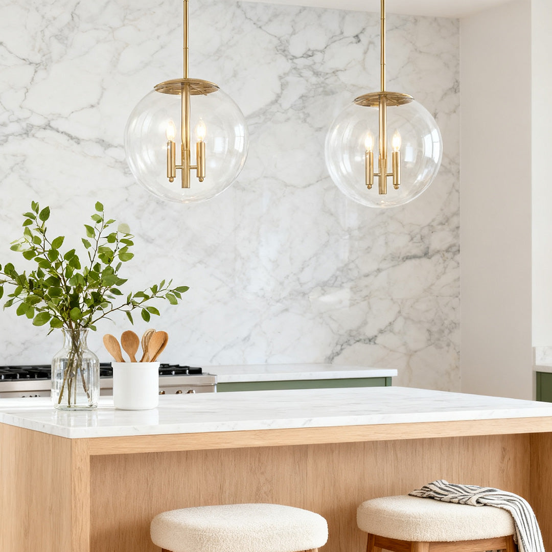 Clear Globe Pendant Light — Gold Metal Frame, Transparent Glass, E12, 2-Light, Adjustable to 52.76"
