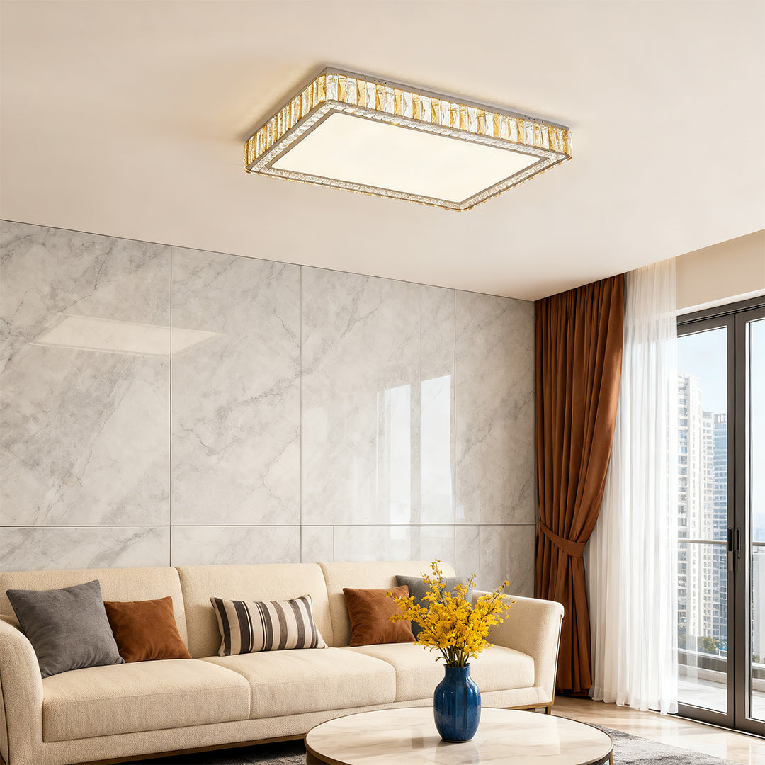 Crystal LED Flush-Mount Ceiling Light — Stainless Steel, Round / Square / Rectangle, 3-Step Dimming (3000K / 4500K / 6000K)