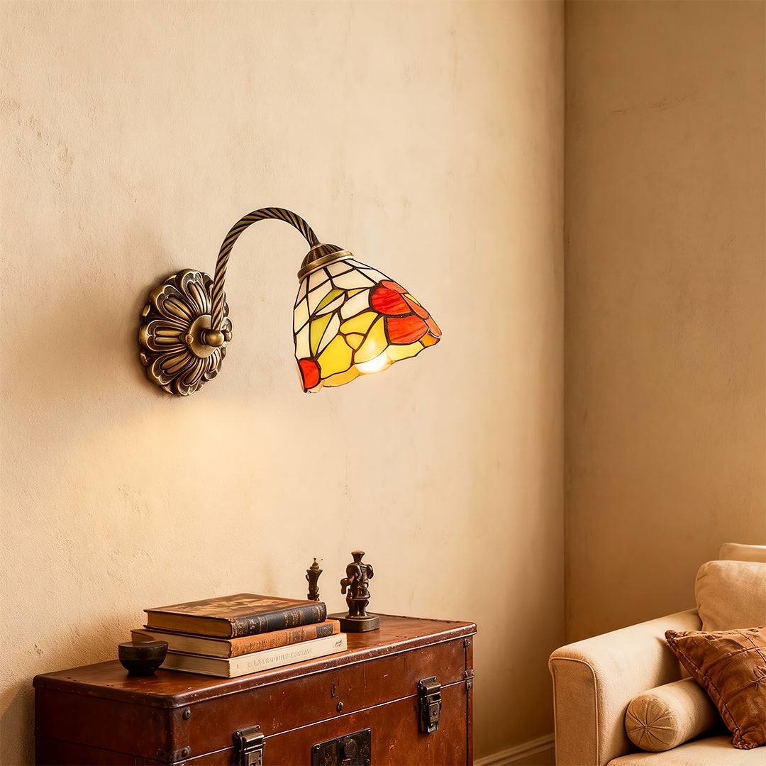 Stained Glass Wall Sconce — Brass with Copper Finish, E27, 12.2" W, Vintage Country