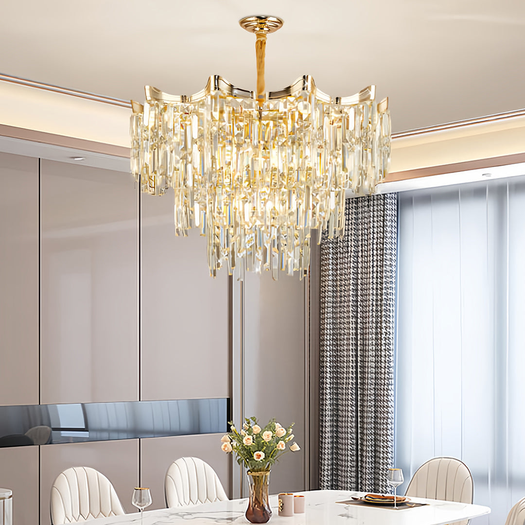 Tiered Waterfall Crystal Chandelier — Gold, K9 Crystal, Three-Color Dimming, 23.6" or 31.5"