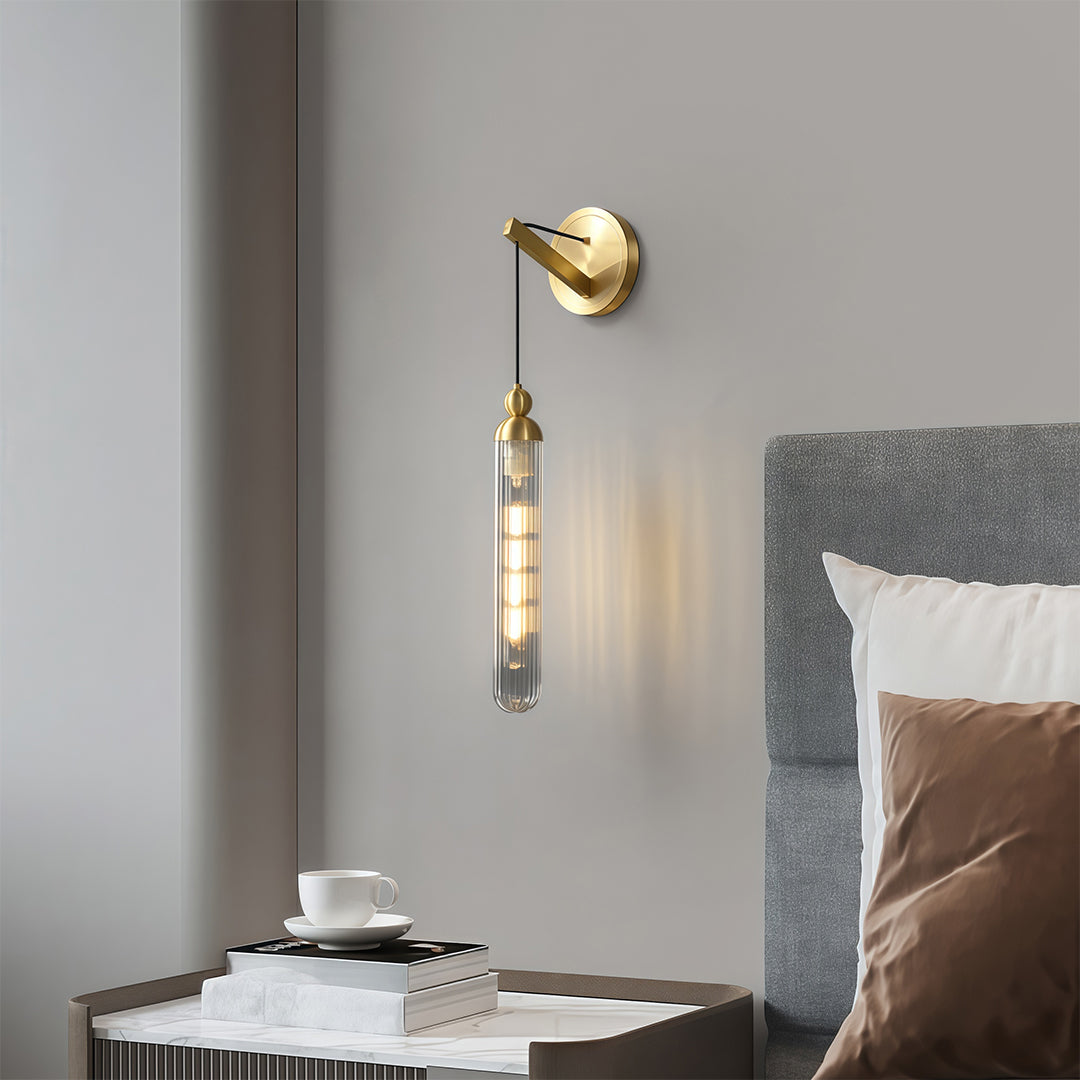 Minimalist Brass Wall Sconce — Full Brass Frame, Transparent Glass Shade, E14, Hardwired