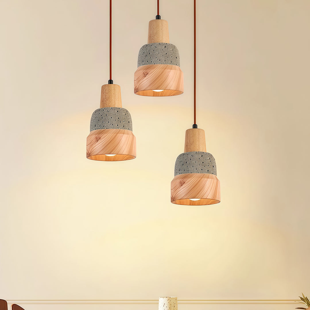 Wabi-Sabi Pendant Light — Micro-Cement and Wood, 1-Light, E27, 70.9" Adjustable Cord
