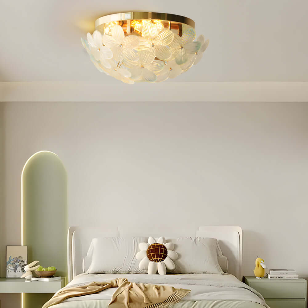 French Petal Glass Semi Flush-Mount — Iron Body, E14, 6-Light or 9-Light, Pink / Blue / Mint Green