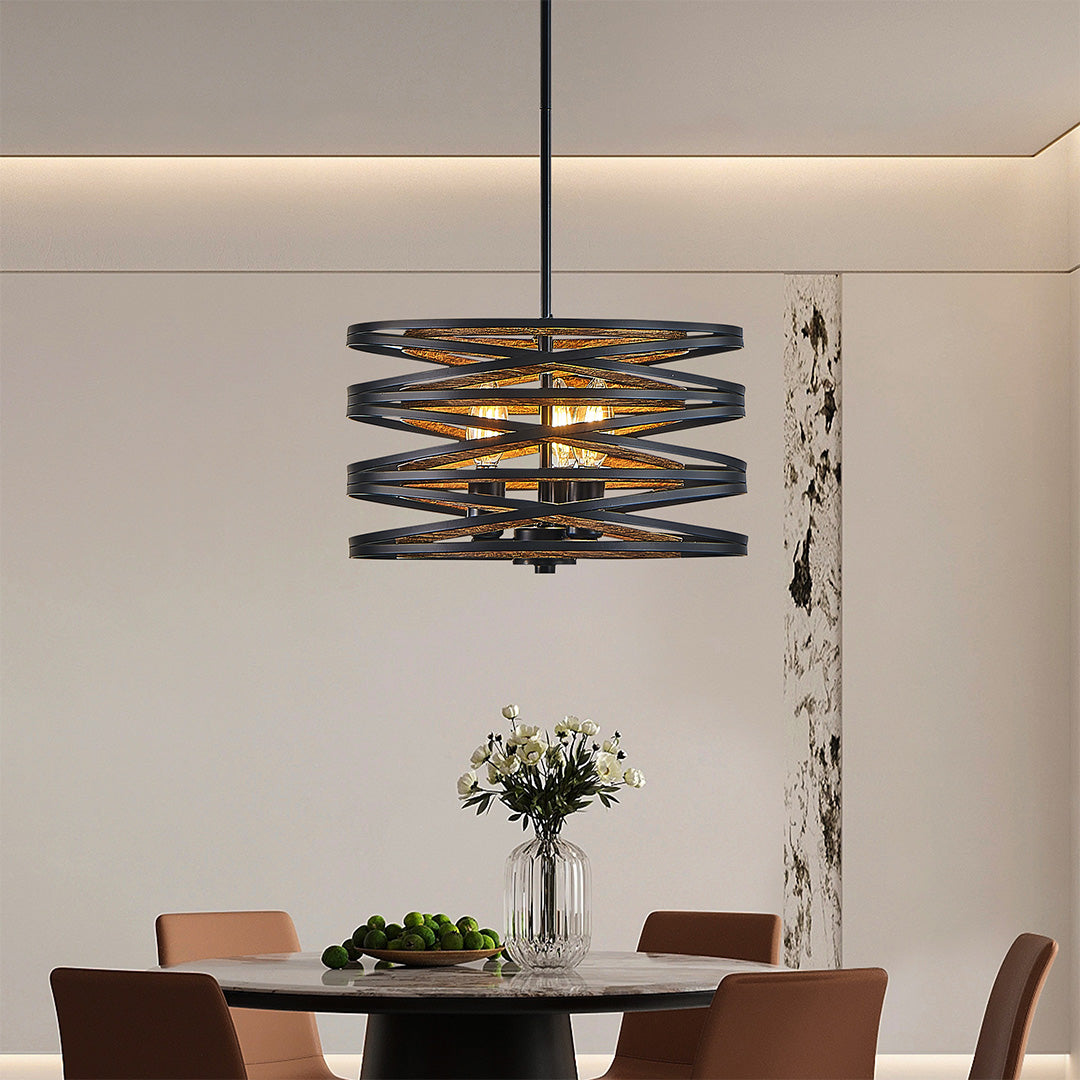Round Drum Pendant Light — Black Iron, Walnut Wood Texture, Iron Cage, E12, 12.6" / 19.7" / 23.6"