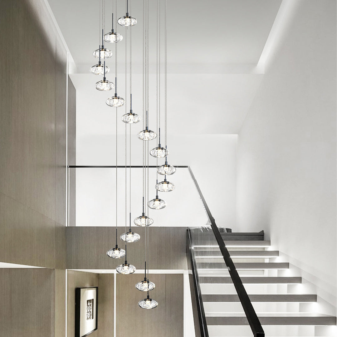 Minimalist Ring Chandelier for High Ceilings — Stainless Steel, Nanoclear Glass, LED, 7/8/12/18-Light, Dimmable, Chrome or Gold