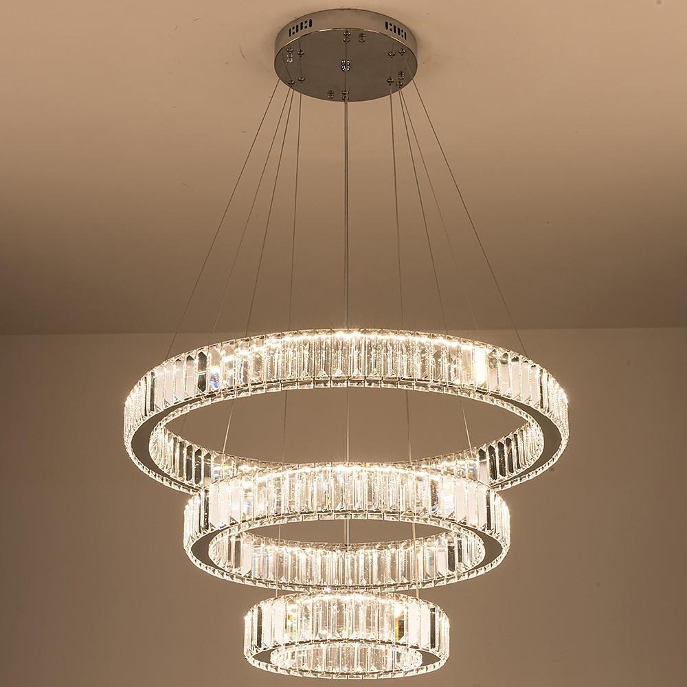 3-Tier Ring Chandelier — Polished Chrome and Crystal, LED, 28" Diameter, Adjustable Height