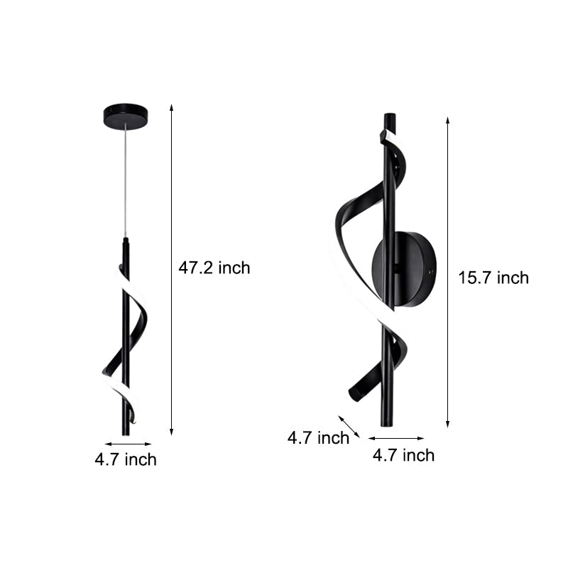 Modern Black Spiral-Strip LED Pendant & Wall Sconce — Three-Step Dimming, 3000K/4500K/6000K, 12W–13W Hardwired
