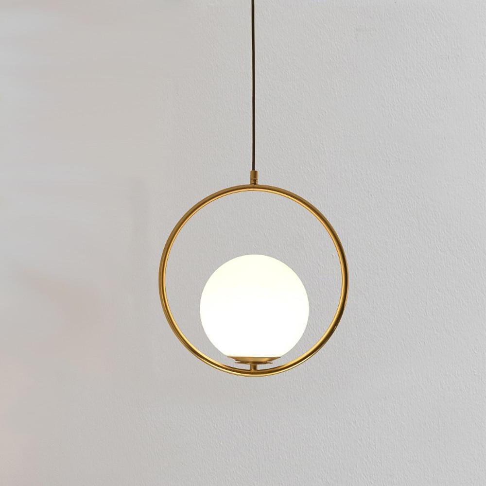 Opal Glass Ball Mini Pendant — Circular Metal Ring, LED, 13.8" Diameter, Adjustable to 59"
