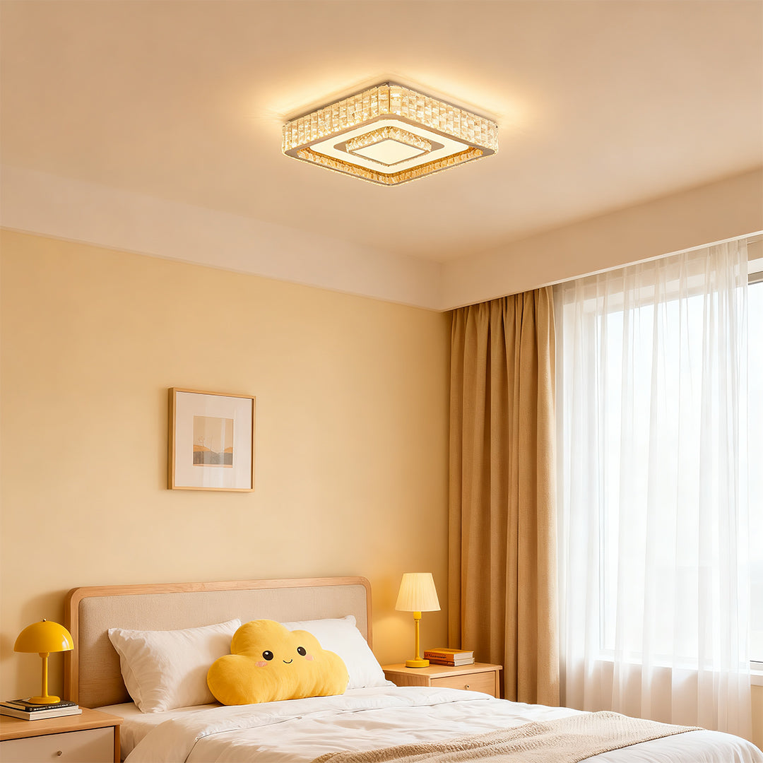 Modern Crystal Flush-Mount LED Light — Chrome Steel, 3-Step Dimming, Round/Square/Rectangle, 6 Sizes