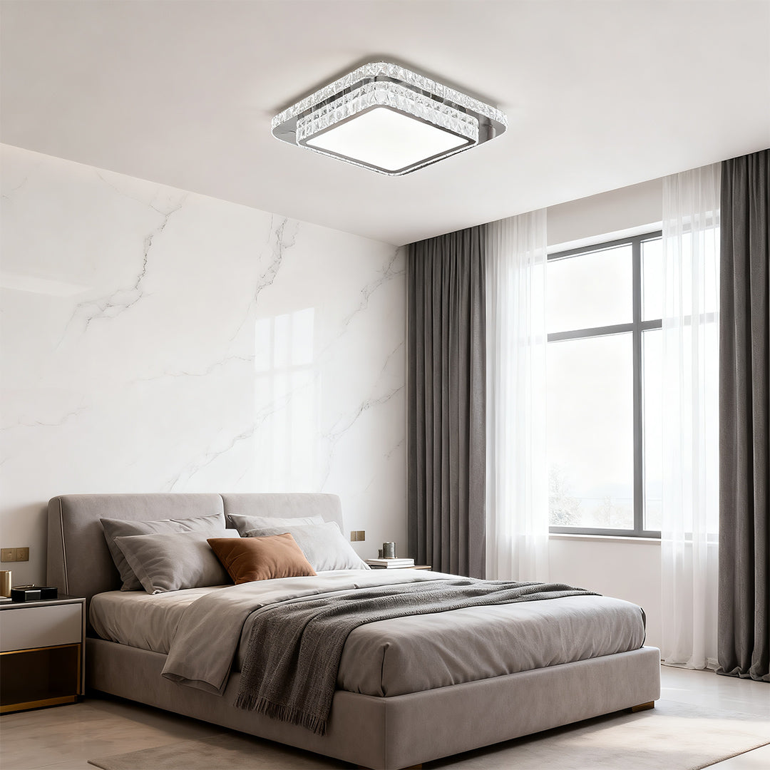 Minimalist Crystal Flush-Mount — Chrome Stainless Steel, LED, 3-Step Dimming, Round/Square/Rectangle, 19.7"–43.3"