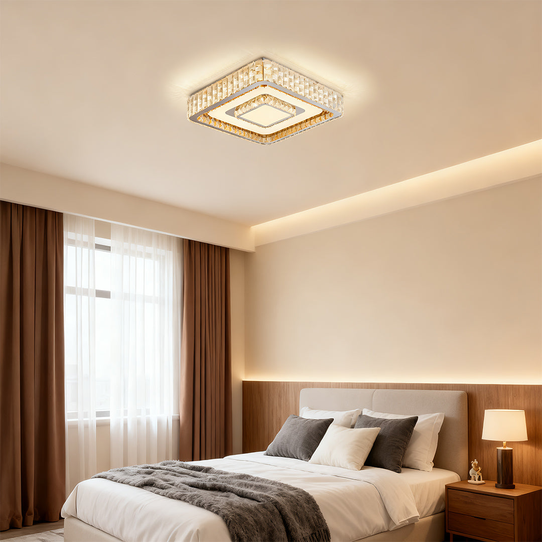 Modern Crystal Flush-Mount LED Light — Chrome Steel, 3-Step Dimming, Round/Square/Rectangle, 6 Sizes