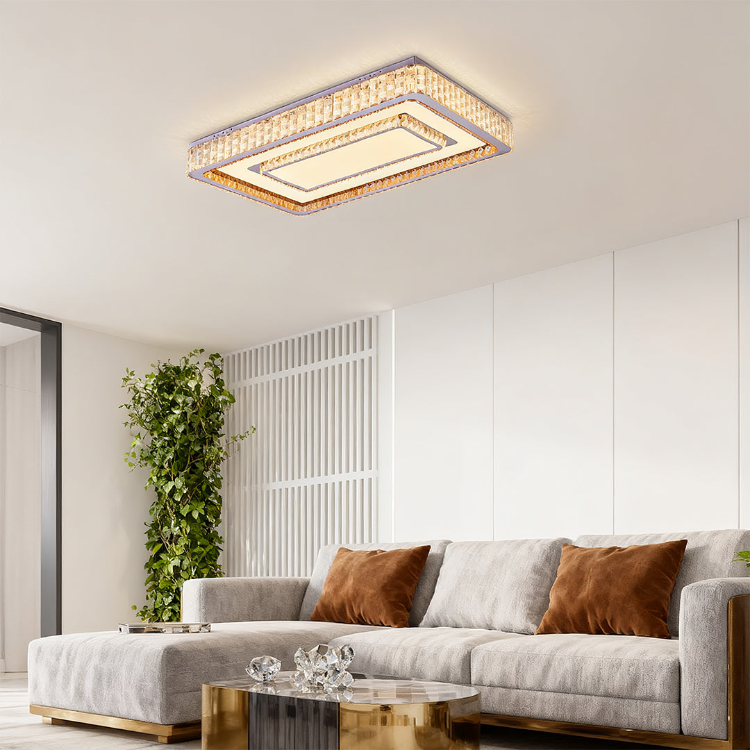 Modern Crystal Flush-Mount LED Light — Chrome Steel, 3-Step Dimming, Round/Square/Rectangle, 6 Sizes