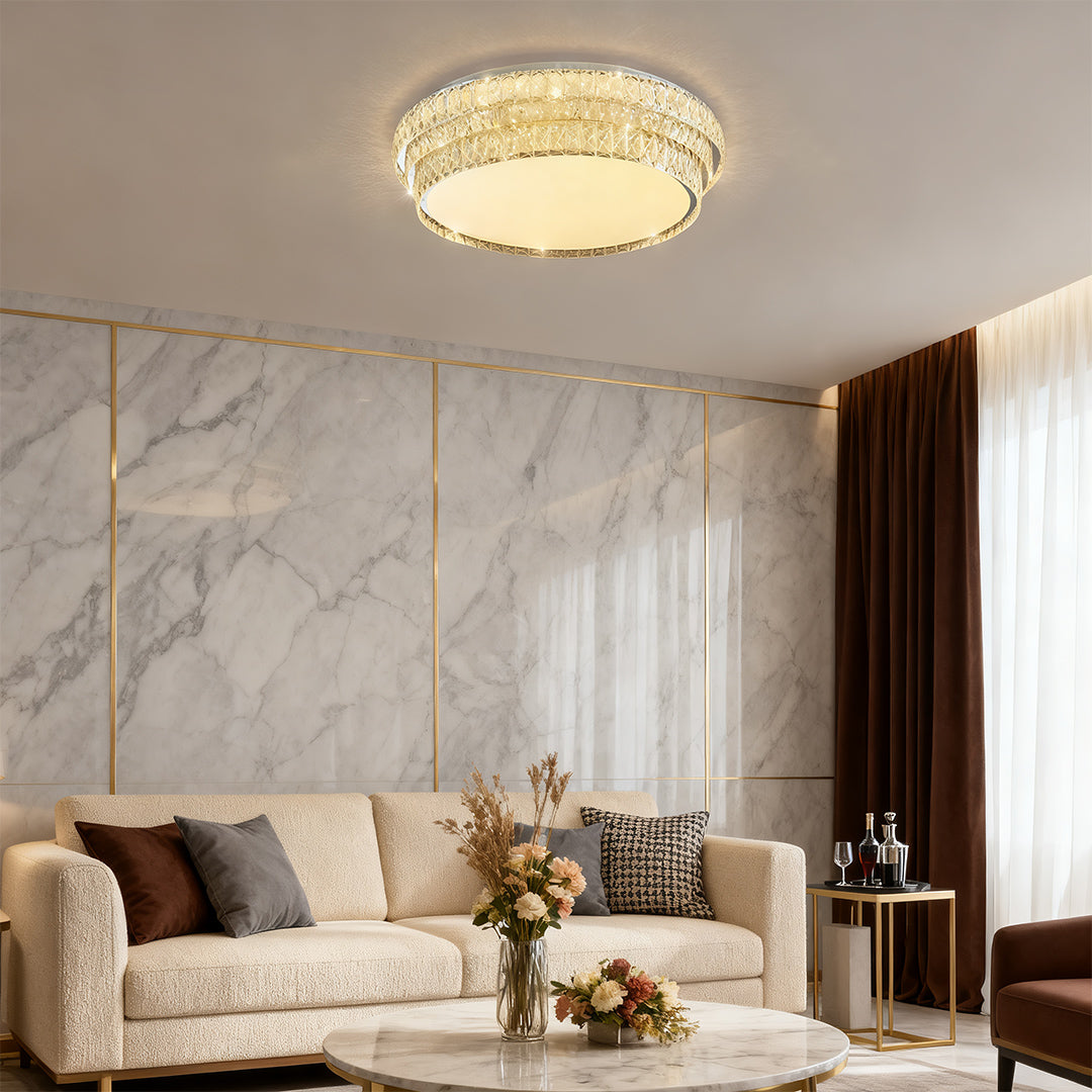 Crystal Flush-Mount Ceiling Light — Chrome Stainless Steel, LED, 3-Step Dimming (3000K/4500K/6000K), Round / Square / Rectangle