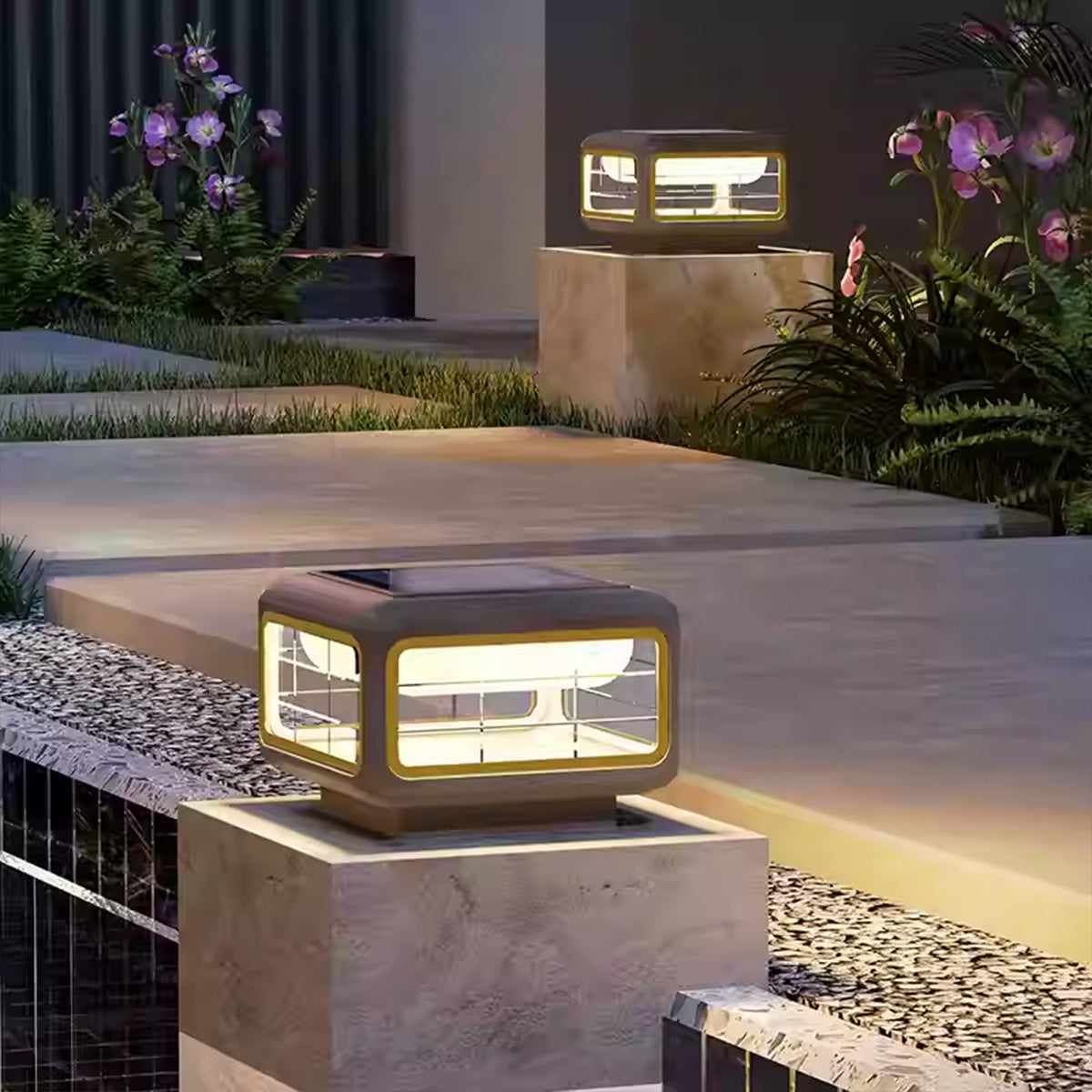 Minimalist Square Outdoor Pillar Light — Stainless Steel & PE, LED, Solar or Hardwired, IP65, 3000K, Multiple Sizes