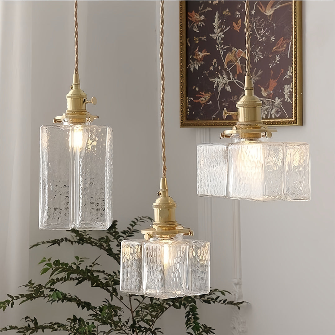 Vintage Brass and Glass Square Mini Pendant — Japandi Zen, Amber or Clear Glass, 3-Step Dimming, 2-Meter Adjustable Cord