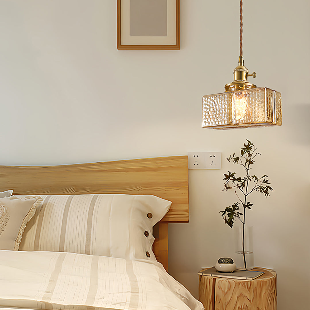 Vintage Brass and Glass Square Mini Pendant — Japandi Zen, Amber or Clear Glass, 3-Step Dimming, 2-Meter Adjustable Cord
