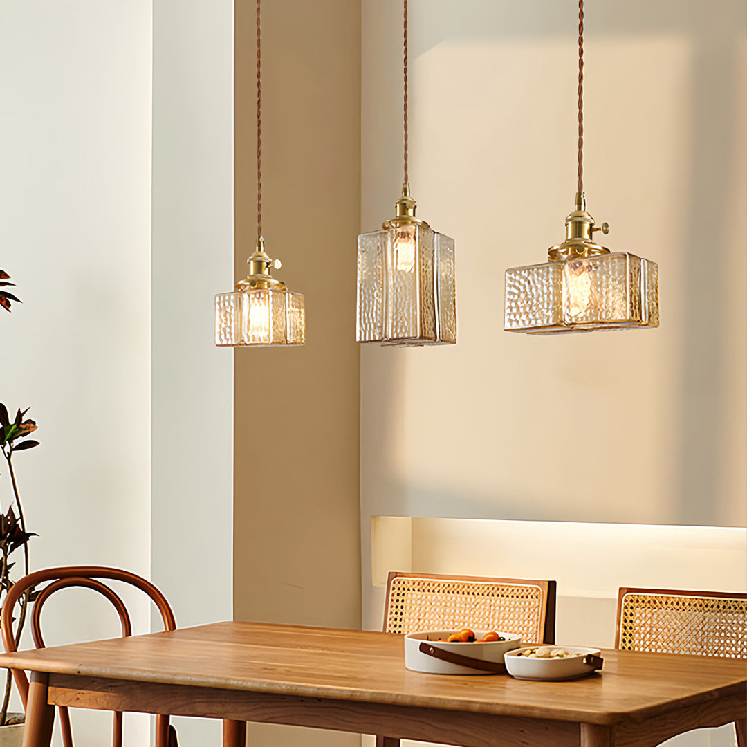 Vintage Brass and Glass Square Mini Pendant — Japandi Zen, Amber or Clear Glass, 3-Step Dimming, 2-Meter Adjustable Cord