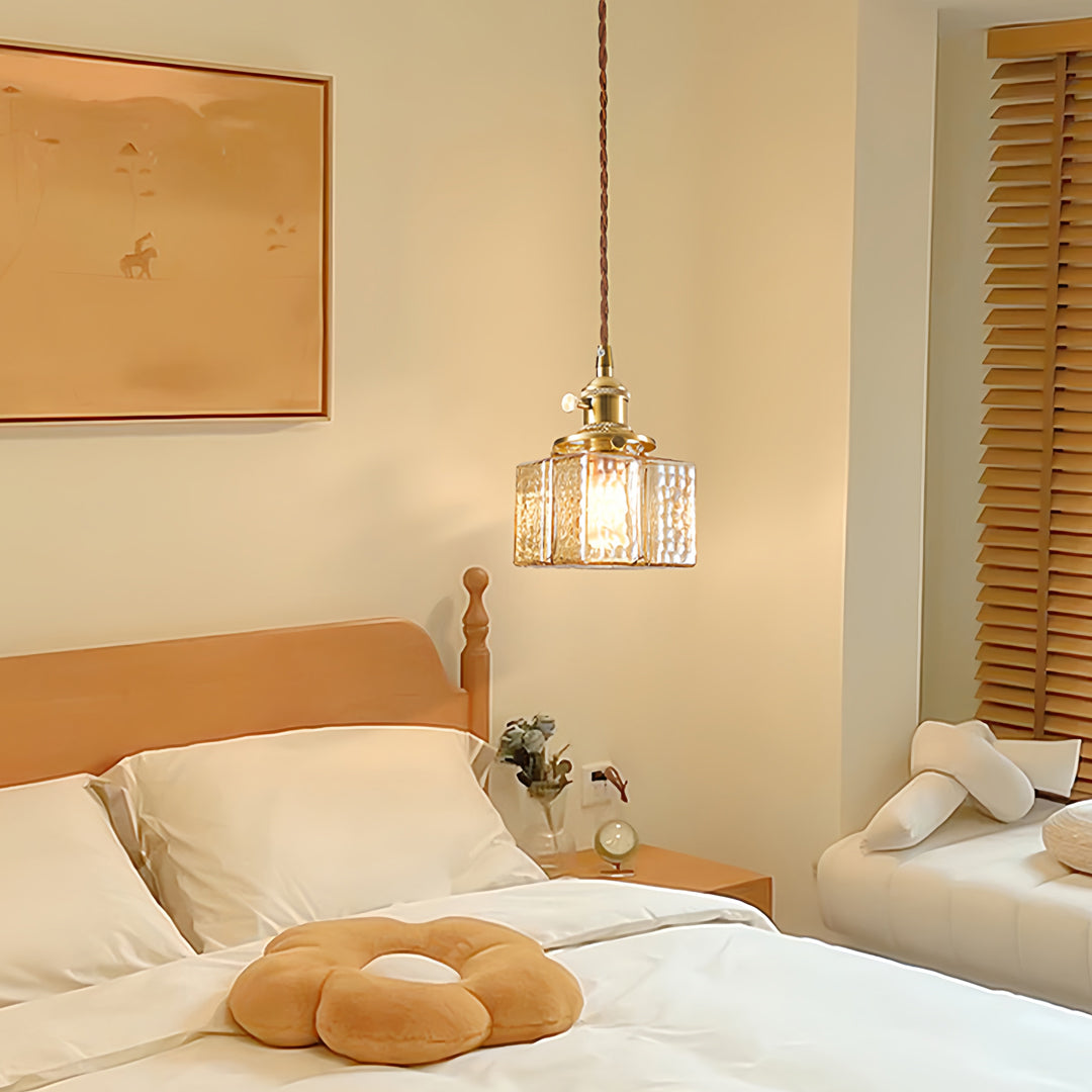 Vintage Brass and Glass Square Mini Pendant — Japandi Zen, Amber or Clear Glass, 3-Step Dimming, 2-Meter Adjustable Cord