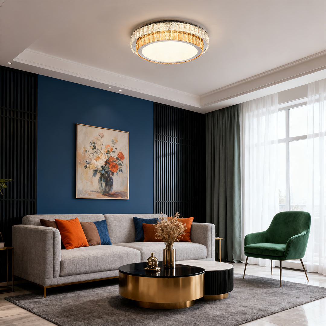 Minimalist Crystal LED Flush-Mount — Chrome Steel, Round/Square/Rectangle, 3-Step Dimming (3000K/4500K/6000K)