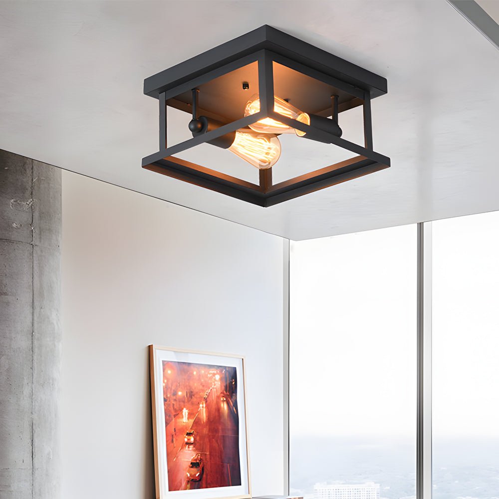 Square Iron Outdoor Flush-Mount Ceiling Light — Black, Rustic Farmhouse, E27, 4W