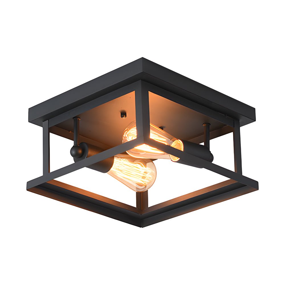 Square Iron Outdoor Flush-Mount Ceiling Light — Black, Rustic Farmhouse, E27, 4W