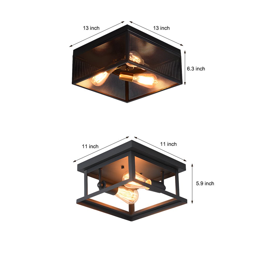 Square Iron Outdoor Flush-Mount Ceiling Light — Black, Rustic Farmhouse, E27, 4W