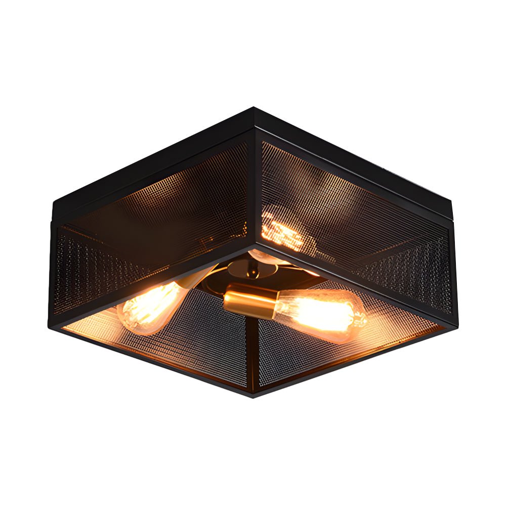 Square Iron Outdoor Flush-Mount Ceiling Light — Black, Rustic Farmhouse, E27, 4W