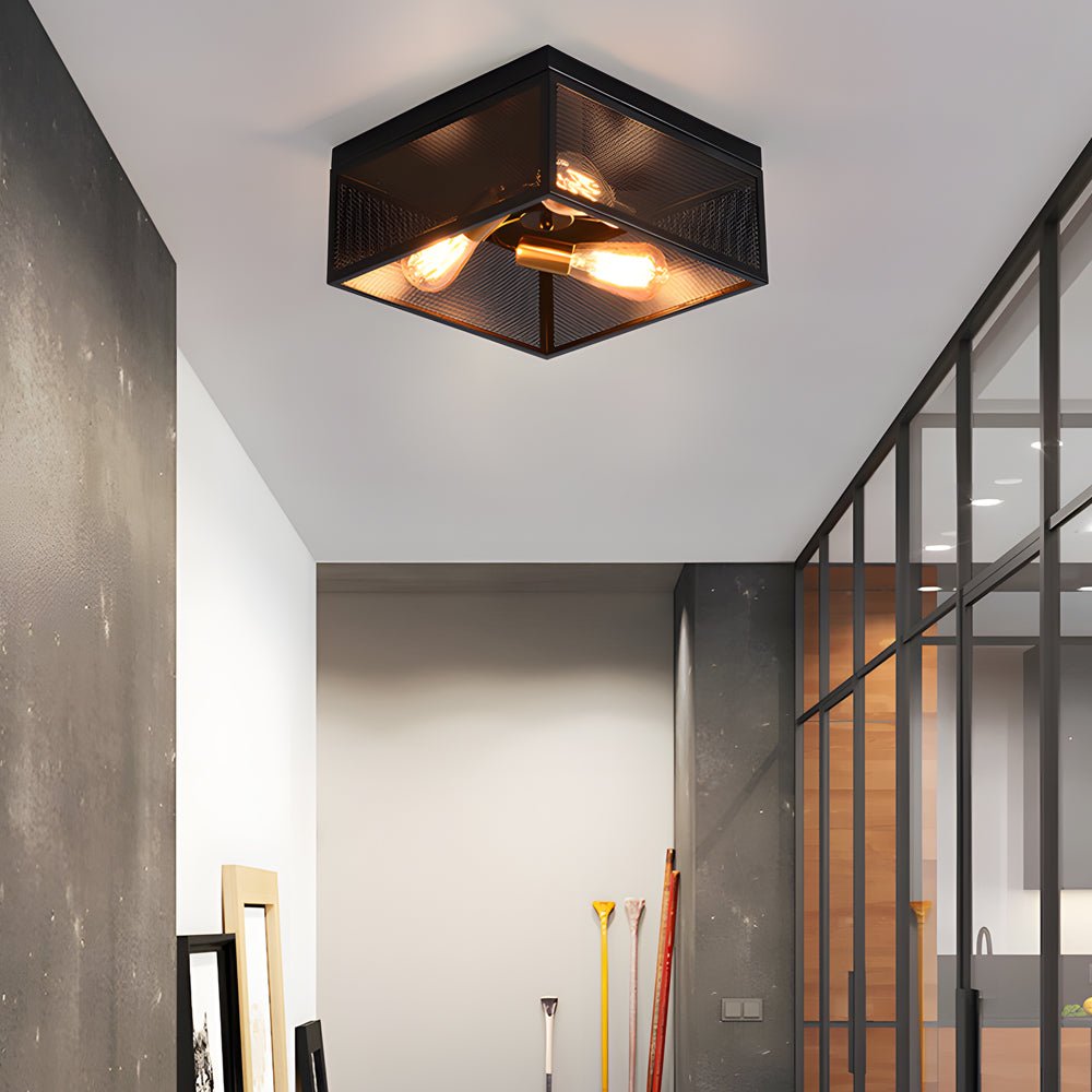 Square Iron Outdoor Flush-Mount Ceiling Light — Black, Rustic Farmhouse, E27, 4W