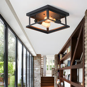 Square Iron Outdoor Flush-Mount Ceiling Light — Black, Rustic Farmhouse, E27, 4W