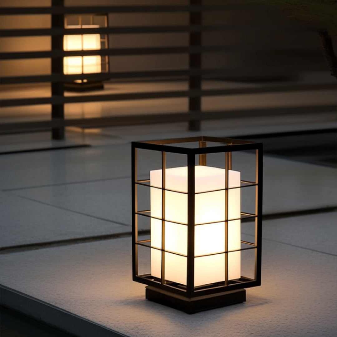 Square Japanese Outdoor Bollard Lantern — Stainless Steel & Acrylic, 10W LED, 3000K, IP65, 11.81" Hardwired