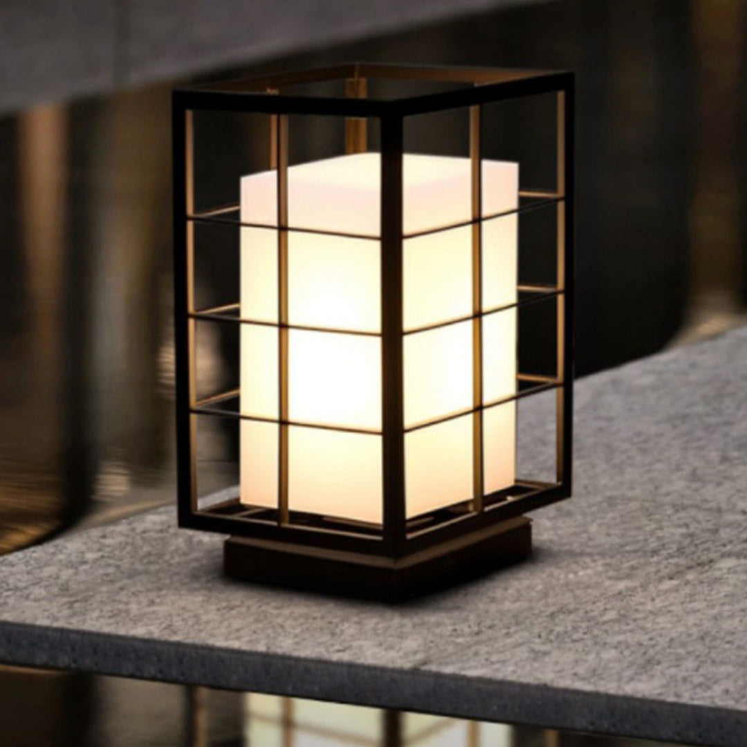 Square Japanese Outdoor Bollard Lantern — Stainless Steel & Acrylic, 10W LED, 3000K, IP65, 11.81" Hardwired