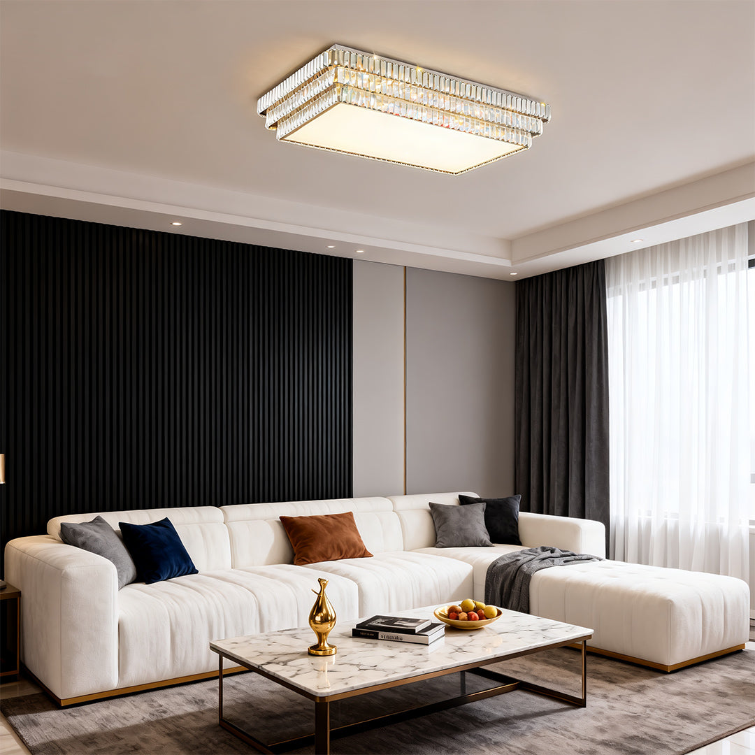 Crystal LED Flush-Mount Light — Chrome Steel, Full-Spectrum Eye-Protection, 3-Color Dimming, Round or Rectangular