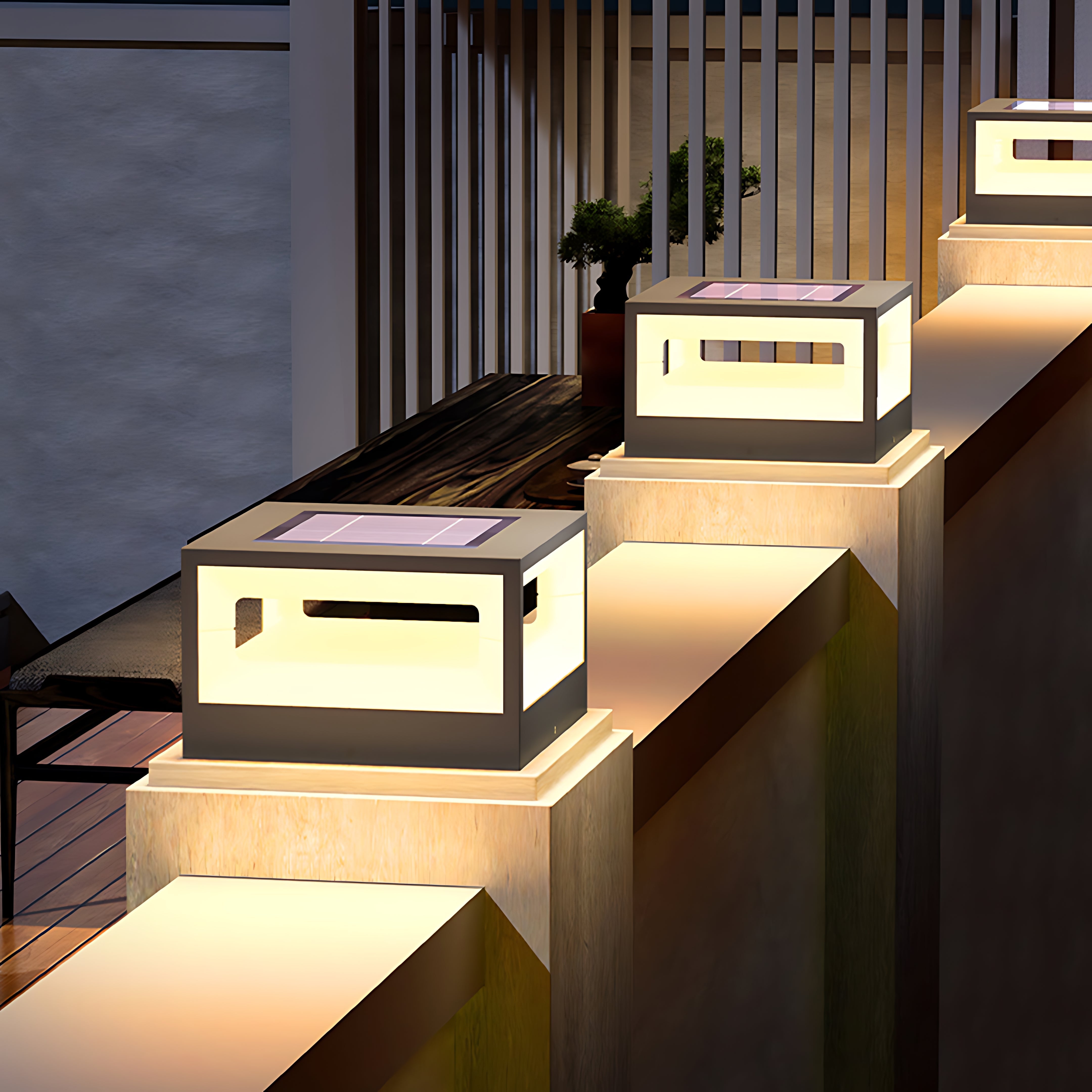 Hollow Square Outdoor Pillar Light — Stainless Steel, LED 3000K, Solar / Hardwired, IP65 Weatherproof