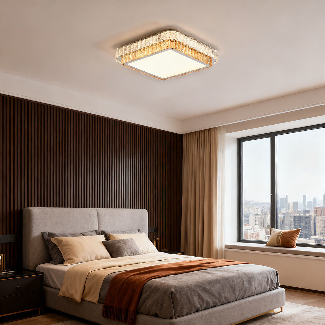 Minimalist Crystal LED Flush-Mount — Chrome Steel, Round/Square/Rectangle, 3-Step Dimming (3000K/4500K/6000K)