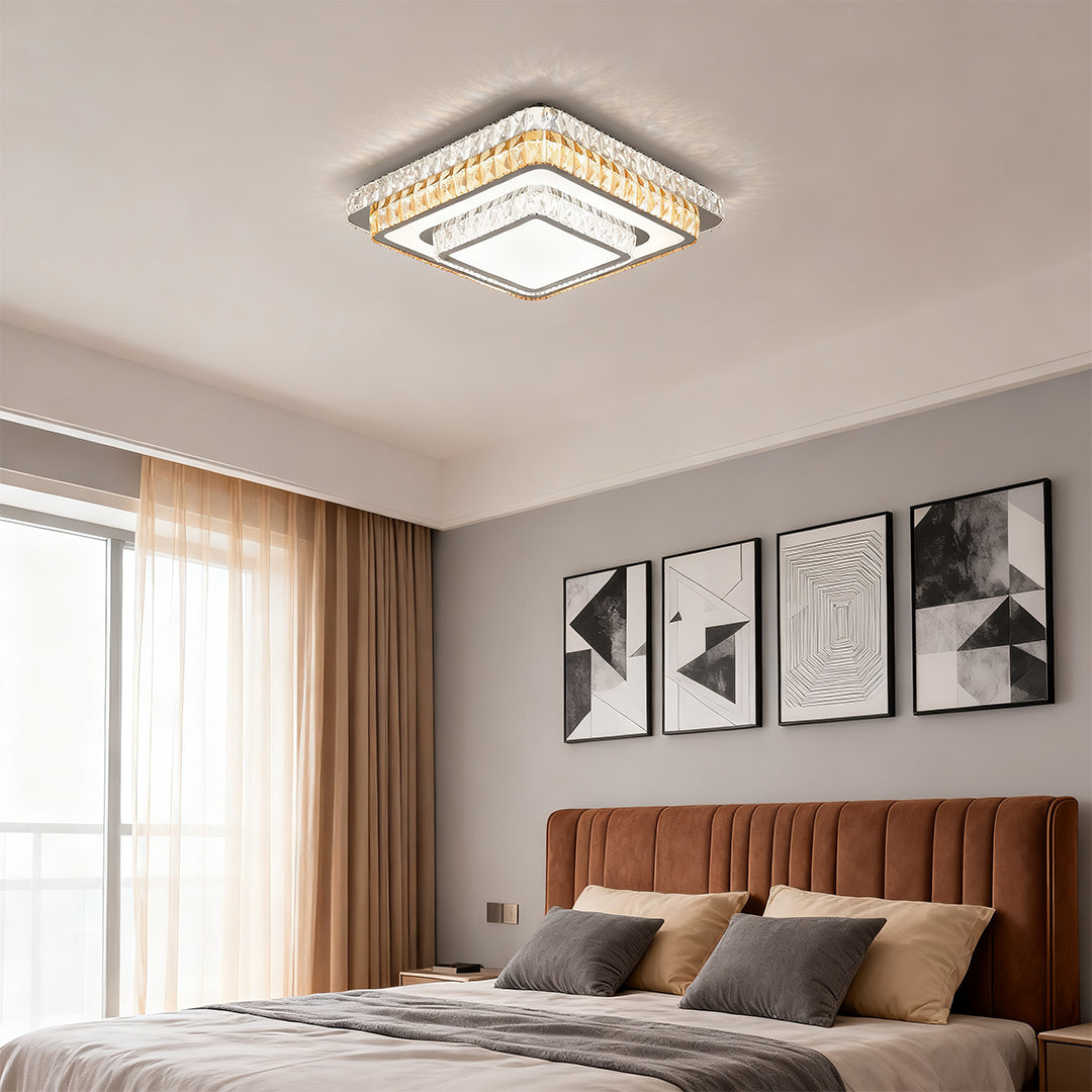 Crystal Flush-Mount Ceiling Light — Chrome Stainless Steel, LED, 3-Step Dimming (3000K/4500K/6000K), Round / Square / Rectangle