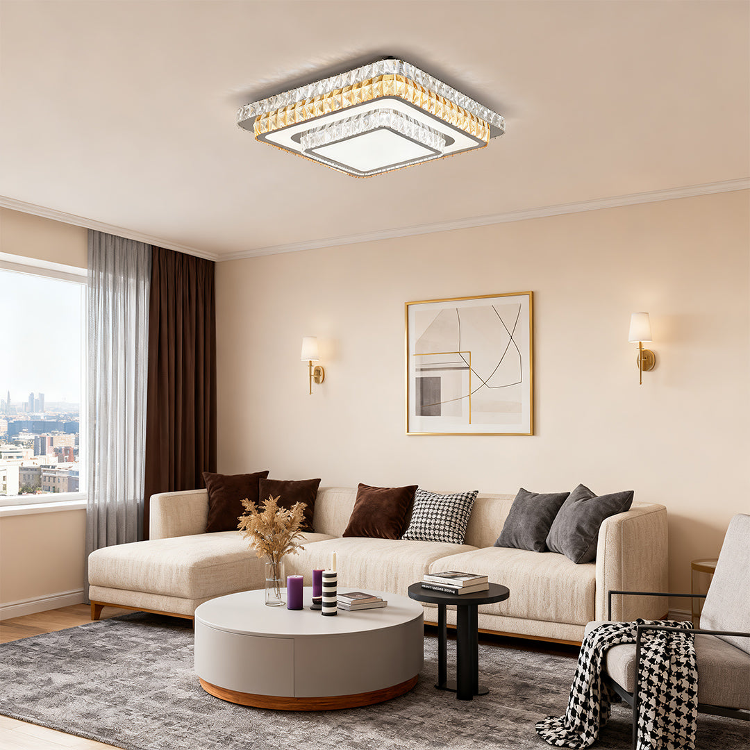 Crystal Flush-Mount Ceiling Light — Chrome Stainless Steel, LED, 3-Step Dimming (3000K/4500K/6000K), Round / Square / Rectangle