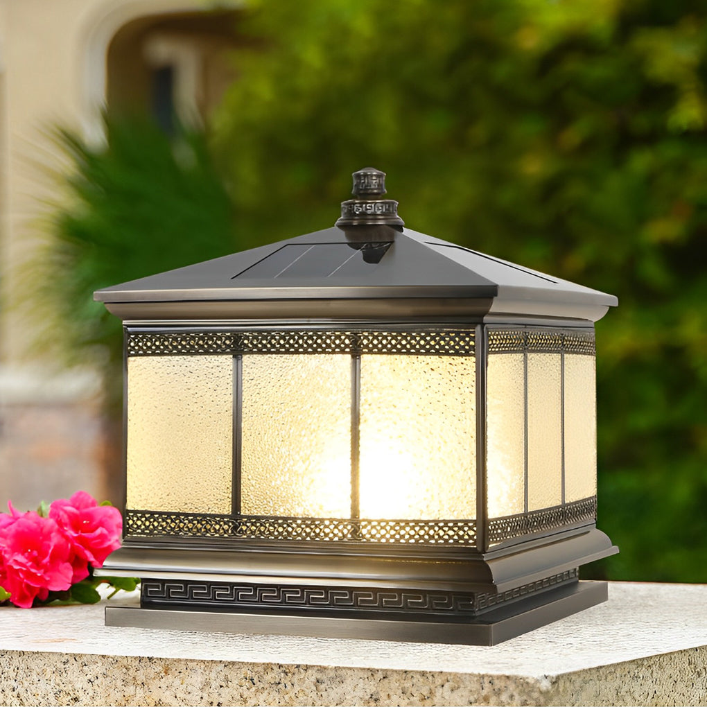 Retro Copper Solar Pillar Light — Solid Copper, Antique Bronze, E27, IP65 Weatherproof, Dual Power, 3 Sizes