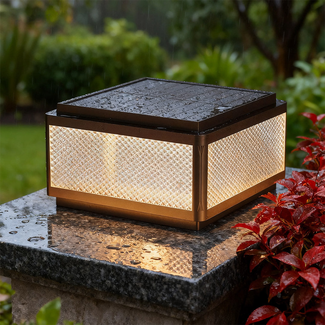 Minimalist Square Outdoor Pillar Light — Black Aluminum, Solar / Hardwired, Four-Color LED, IP54, 25CM–40CM