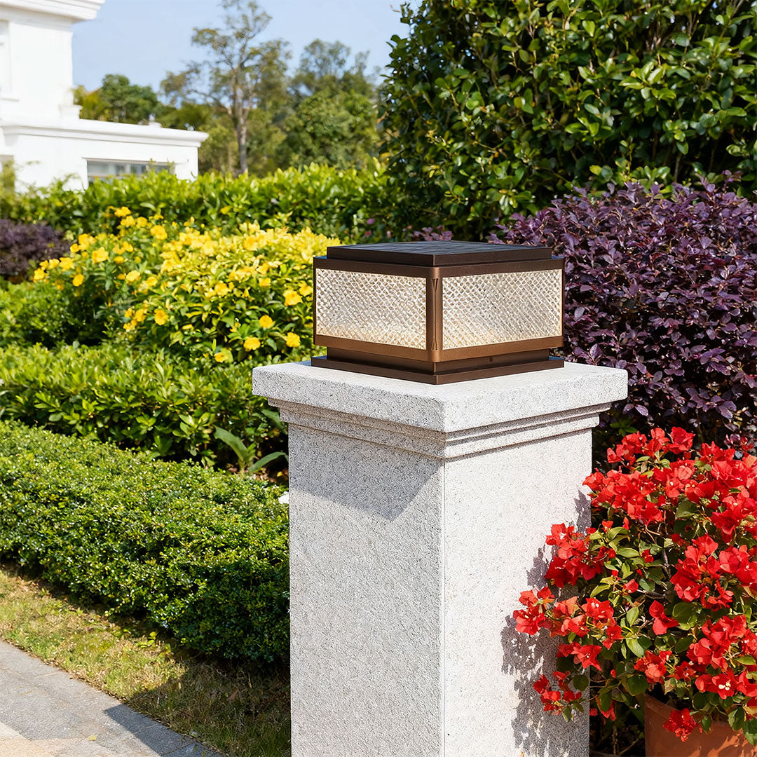 Minimalist Square Outdoor Pillar Light — Black Aluminum, Solar / Hardwired, Four-Color LED, IP54, 25CM–40CM