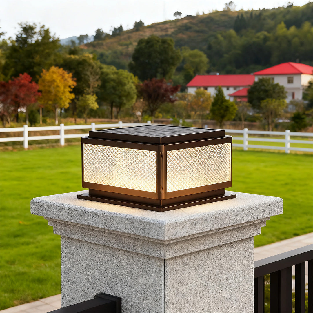 Minimalist Square Outdoor Pillar Light — Black Aluminum, Solar / Hardwired, Four-Color LED, IP54, 25CM–40CM