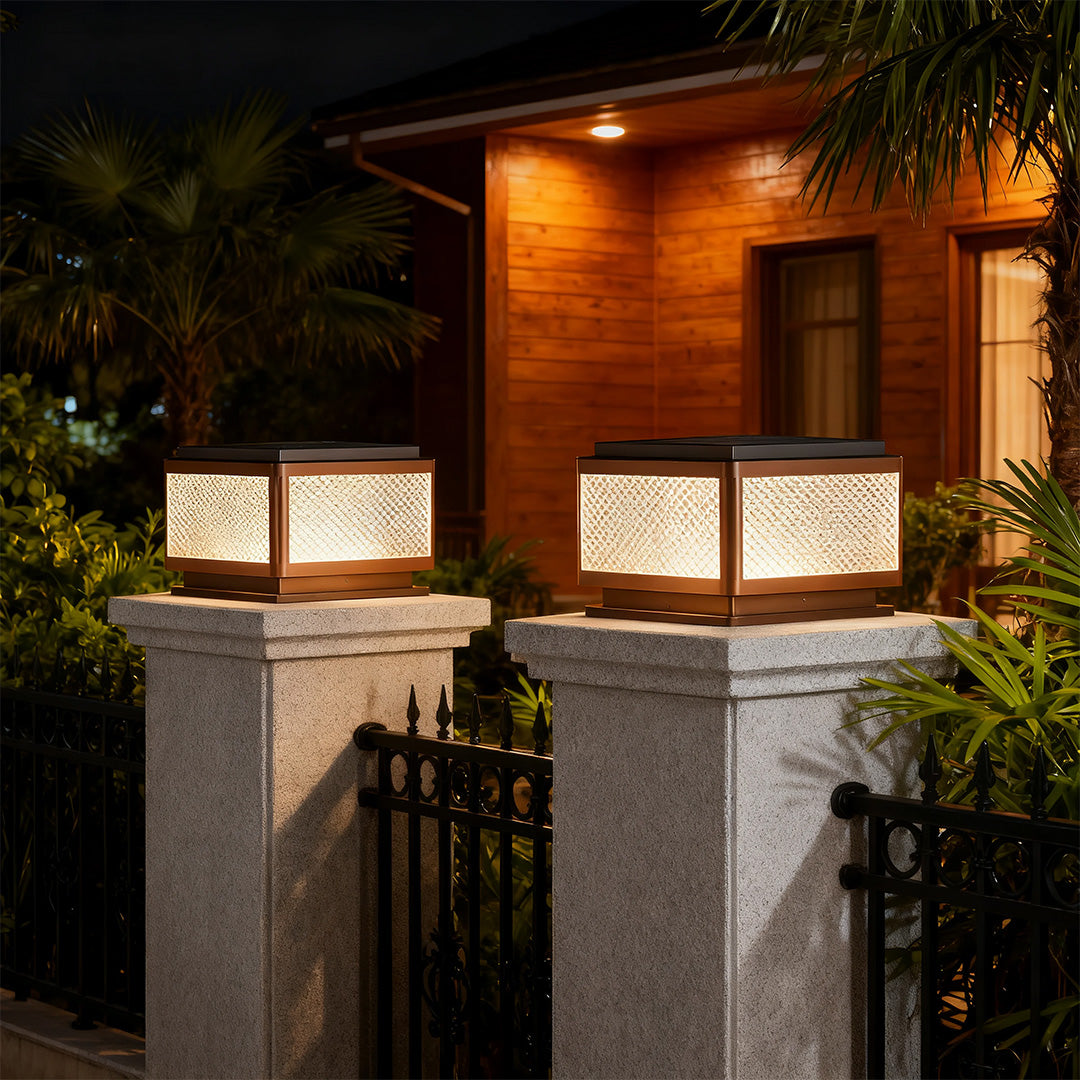 Minimalist Square Outdoor Pillar Light — Black Aluminum, Solar / Hardwired, Four-Color LED, IP54, 25CM–40CM